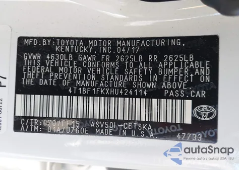 2017 Toyota Camry Se from USA, damaged, VIN 4T1BF1FKXHU424114